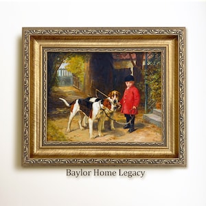 May include: A framed oil painting of a young boy in a red coat walking two hounds on leashes. The boy is standing on a stone path in front of a wooden building. The painting is set in a lush green forest with fall foliage. The painting is titled "Baylor Home Legacy".