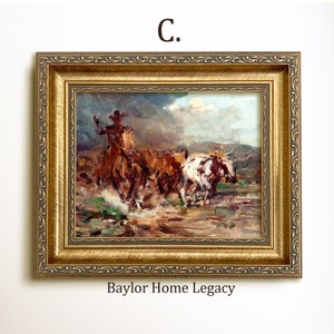 Framed Cowboy on a Cattle Drive Oil Painting Print on Canvas, Vintage ...