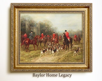 Framed Fox Hunting Painting, Foxhunting Oil Painting Print on Canvas, English Fox Hunt Scene for Equestrian Decor