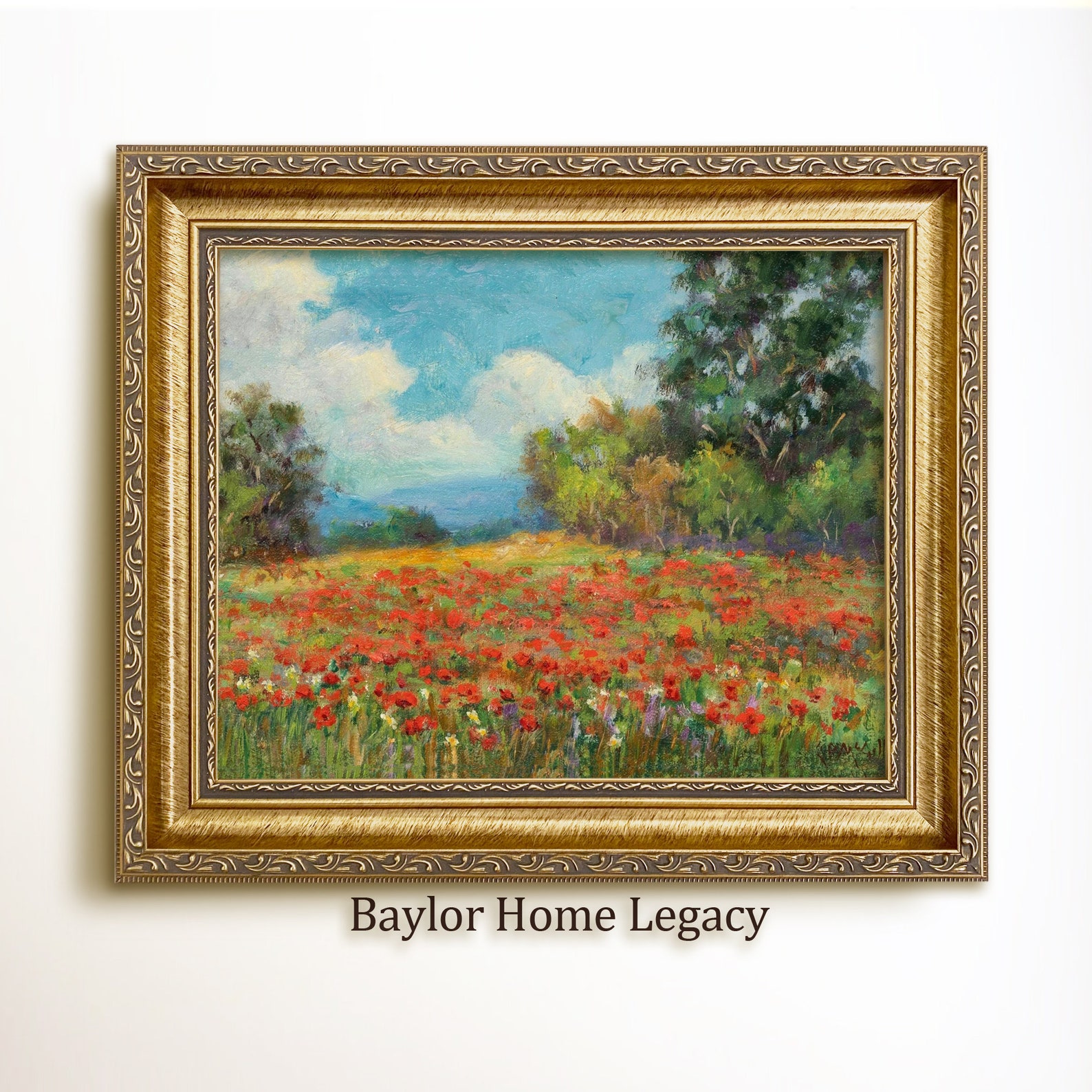 Framed Poppy Oil Painting Print on Canvas, Vintage Meadow of Poppy ...