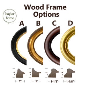 May include: Four wood picture frame options with different colors and widths. The frames are 1 inch wide, except for the two on the right, which are 1-1/8 inches wide. The frames are labeled A, B, C, and D.