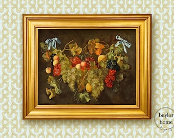 Framed Still Life of a Grape Garland, Oil Painting Print on Canvas in Wood Frame, Fruit Still Life for Kitchen