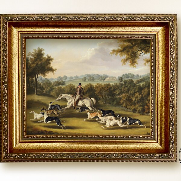 Framed English Countryside with Horse Rider and Greyhounds , Oil Painting Print on Canvas, English Counrty Landscape Wall Art