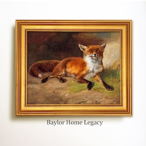 May include: A framed painting of a fox lying down, with a golden frame. The fox has reddish-orange fur with a white chest and belly. The background features a muted landscape with green grass and a light-colored rock formation. The text "Baylor Home Legacy" is at the bottom.
