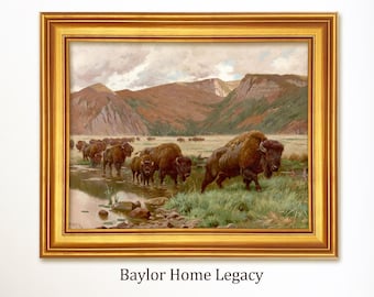 Framed Buffalo Oil Painting Print on Canvas, Framed Bison Canvas Art Print, Western American Buffalo Painting, Western Art