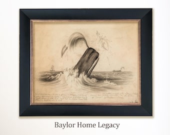Framed Whaling Illustration, Vintage Nautical Whaling Scene Print, Framed Whale Hunting Art Print, Whale Art