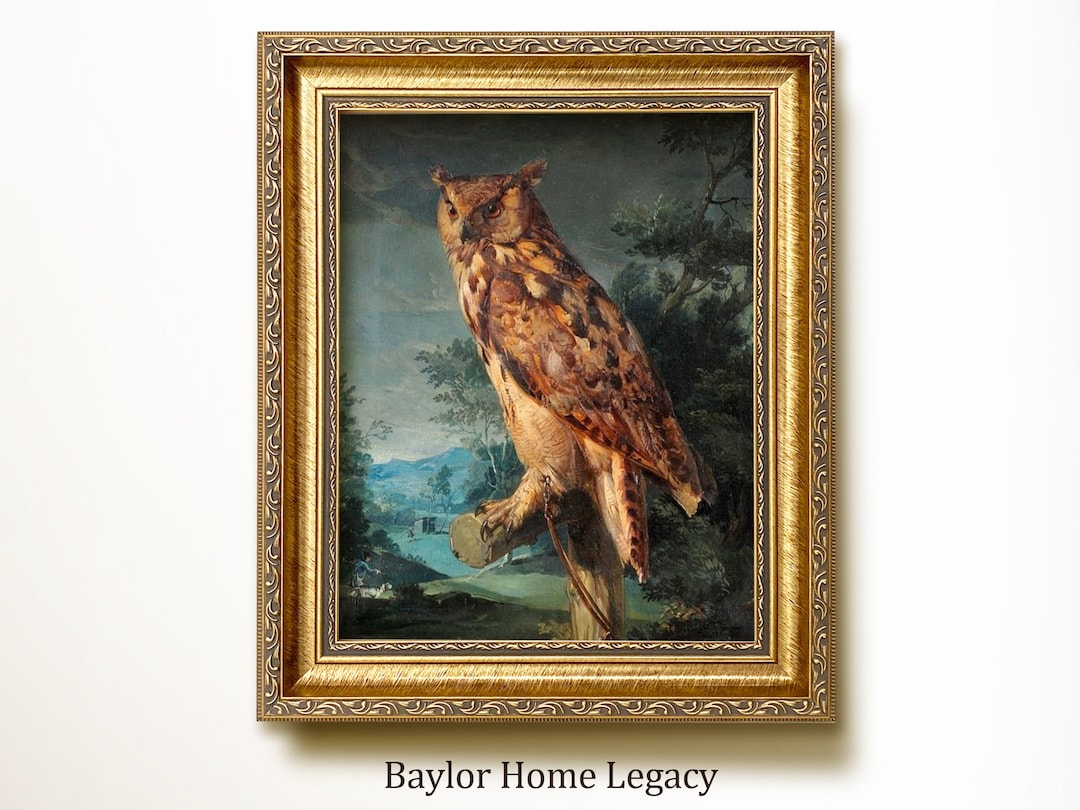 Framed Great Horned Owl Oil Painting Canvas Print, Vintage Rustic ...