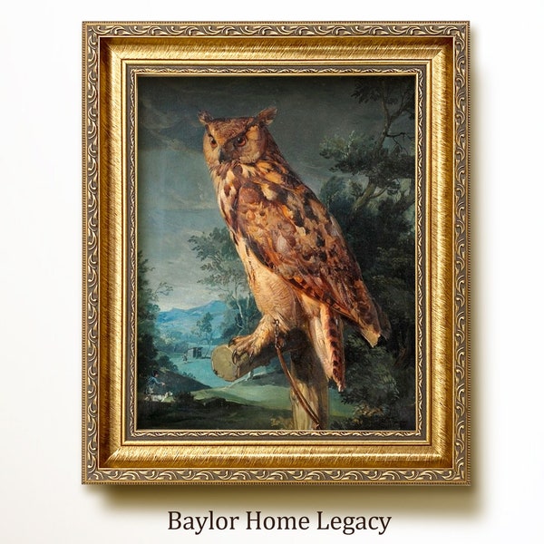 Framed Great Horned Owl Oil Painting Canvas Print, Vintage Rustic Country Bird Art Print, Owl in a Landscape Wall Art