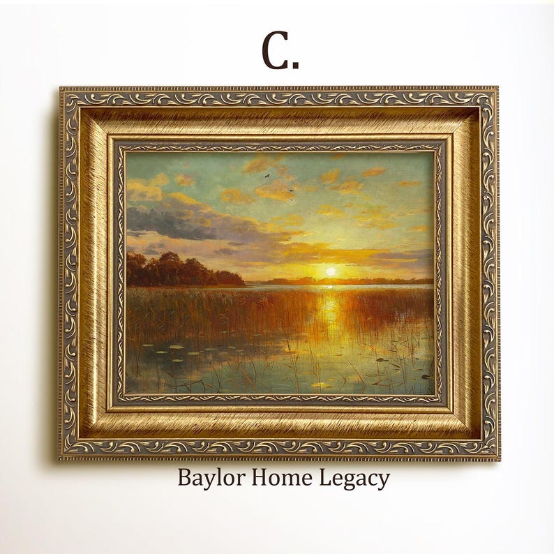 Framed Sunset Painting, Oil Painting Print on Canvas of Sunset Over a ...