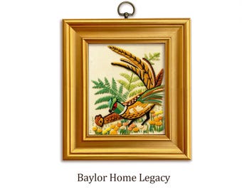 Lienzo decorativo de pared con bordado de faisán enmarcado, cuadro de punto de aguja de aves de estilo vintage enmarcado, arte de bordado de vida silvestre