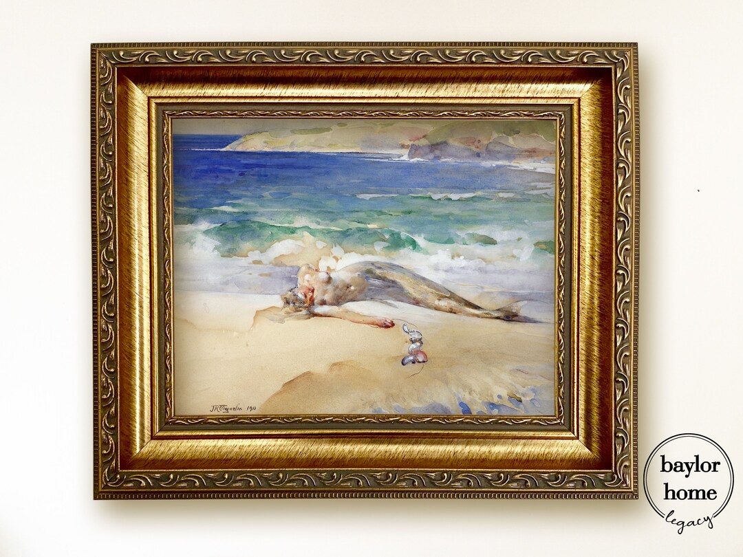 Framed Mermaid Watercolor Print on Canvas, Framed Vintage Art Print of