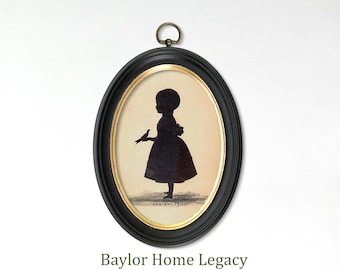 Oval Framed Girl with Bird Colonial Silhouette Wall Art, Antique Child Profile Portrait Print, Early American Decor, Victorian Silhouette