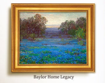 Framed Texas Bluebonnets Oil Painting Print on Canvas, Vintage Meadow of Blue Flowers Wall Art, Framed Landscape Field Of Bluebonnets