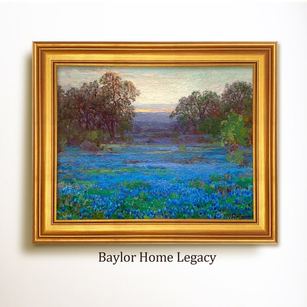 Framed Texas Bluebonnets Oil Painting Print on Canvas, Vintage Meadow of Blue Flowers Wall Art, Framed Landscape Field Of Bluebonnets