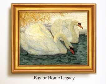 Framed White Swans in a Pond Oil Painting Canvas Print, Vintage Country Cottage Swan Artwork, Swans Wall Art