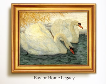 Framed White Swans in a Pond Oil Painting Canvas Print, Vintage Country Cottage Swan Artwork, Swans Wall Art, Swan Decor