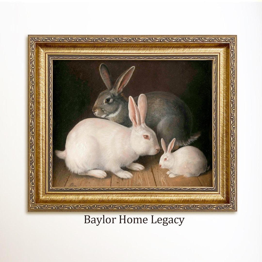 Framed Rabbits Canvas Art Print of Antique Oil Painting, Fade Proof ...
