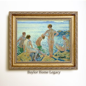 Framed Ladies Skinny Dipping Painting, Women Swimming Oil Painting Print on Canvas, Summer Beach Scene for Feminine Beach Decor