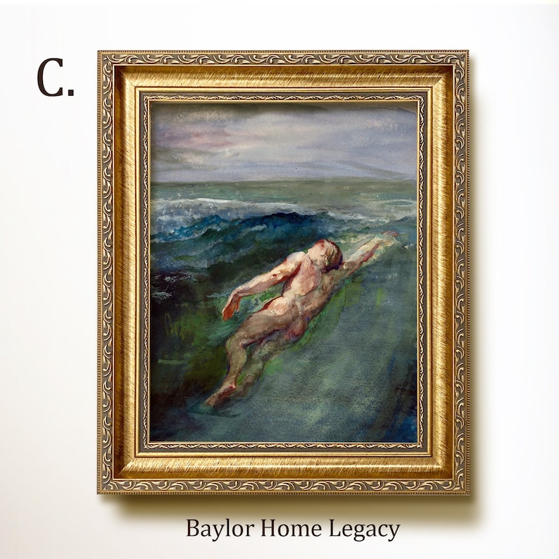 May include: A framed painting of a person swimming in a stormy sea. The painting is in a gold frame with a decorative border. The painting is titled "Baylor Home Legacy".