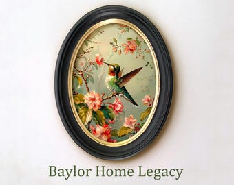 Framed Hummingbird Print in Oval Frame; Museum Quality Canvas Print of a Hummingbird in Oval Wood Frame, Hummingbird Art