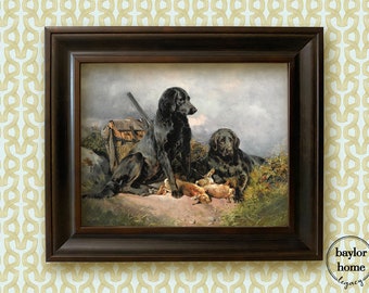 Framed Pair of Black Labrador Retrievers Hunting Dogs with Rabbits Oil Painting Canvas Print, Rustic Country Farmhouse Cottage Wall Art