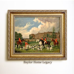 Framed Foxhunting Oil Painting Print on Canvas, Framed Fox Hunters and Hounds in a Castle Landscape, Framed English Fox Hunt Painting Print