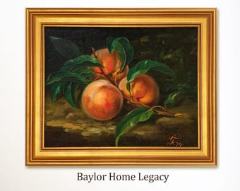 Framed Peach Still Life Oil Painting Print on Canvas of Antique Oil Painting, Framed Peach Oil Painting Fine Art Canvas Print, Fruit Art