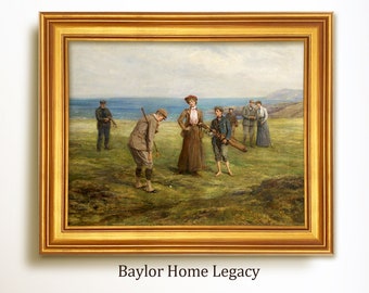 Framed Golf Scene Oil Painting Print on Canvas, Vintage Golf Wall Art, Golf Art for Wall