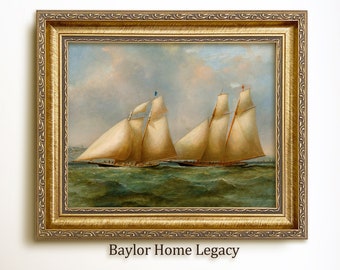 Framed Sail Boats Oil Painting Print on Canvas, Vintage Yachting Painting Art Print, Maritime Artwork for Nautical Decor
