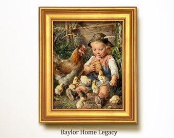 Framed Little Boy Oil Painting Canvas Print, Framed Little Boy with Chickens Wall Art for Boys Vintage Nursery