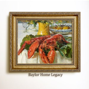 Framed Still Life of Lobsters Oil Painting Canvas Print, Vintage Lobster Kitchen Art on Canvas, Food Home Decor Picture