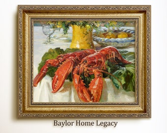 Framed Lobster Canvas Art Print of Antique Oil Painting, Canvas Wall Art of Maine Lobster Still Life