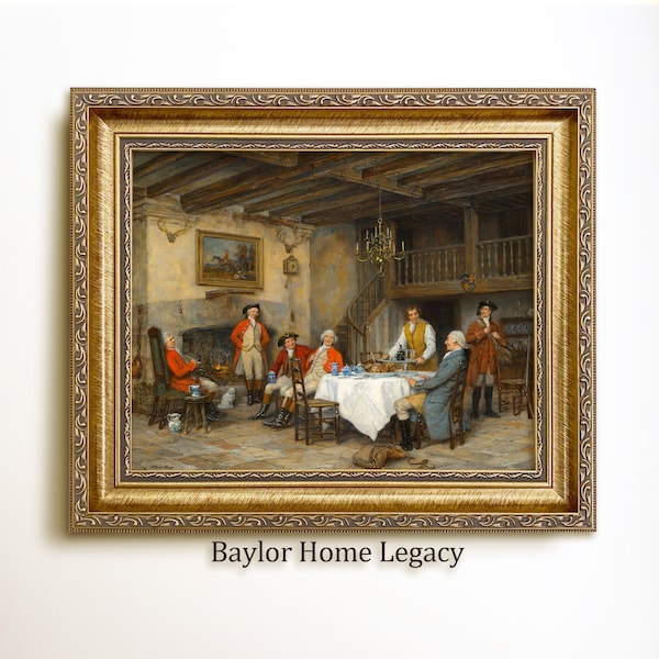 Framed 19th Century Tavern Oil Painting Print on Canvas, Framed Canvas Art Print of Vintage Tavern Painting, Hunters at Tavern Fine Art