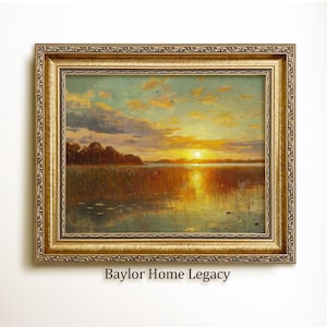 Framed Sunset Painting, Oil Painting Print on Canvas of Sunset over a Pond, Vintage Sunset Print, Countryside Décor, Scenic Wall Art