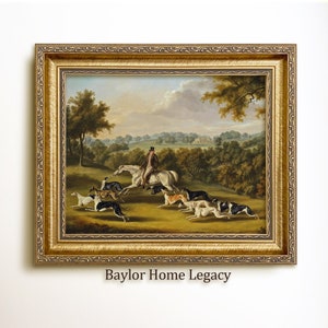Framed English Countryside with Horse Rider and Greyhounds , Oil Painting Print on Canvas, English Counrty Landscape Wall Art
