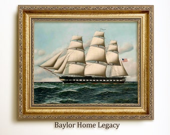 Framed USS Constitution Oil Painting Print on Canvas, Vintage Nautical Sailing Print, Famous American Frigate Painting, Sailing Ship Art