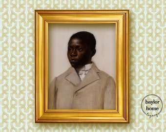 Framed Portrait of a Black Boy in a Beige Suit, Oil Painting Canvas Print, Classic Portrait Wall Art