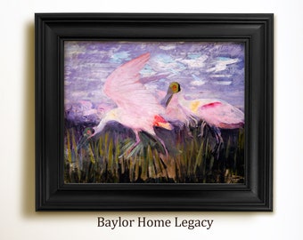 Framed Roseate Spoonbill Oil Painting Canvas Print, Vintage Rustic Shore Bird Art, Pair of Spoonbills in a Swamp Wall Art