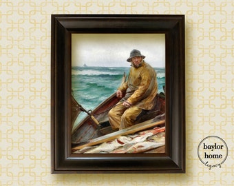 Framed  Vintage Fisherman Painting, Fisherman Oil Painting Print on Canvas