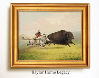 Framed Native American Hunting Buffalo Painting Print on Canvas, Indian Hunting Buffalo Western Vintage Painting Wall Art