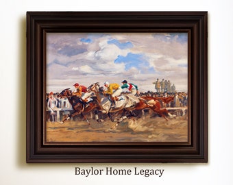 Framed Horse Race Oil Painting Canvas Print, Framed Horse and Jockey Art Print on Canvas, Fine Art Print of Vintage Painting of Race Horses
