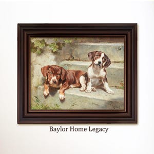Framed Puppies Canvas Art Print of Antique Oil Painting: Wood Framed Dog Wall Art Decor