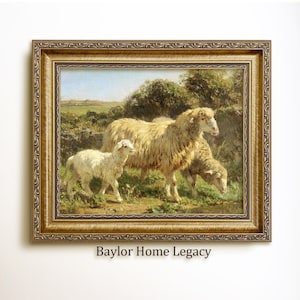 Framed Three Sheep Oil Painting Print on Canvas, Framed Sheep Canvas Art Print of Antique Painting, Sheep Art
