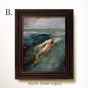 May include: A framed watercolor painting depicting a nude figure swimming in a stormy sea. The painting is set against a backdrop of dark blue and green water with whitecaps. The figure is painted in shades of pink and brown, with a light blue sky above.