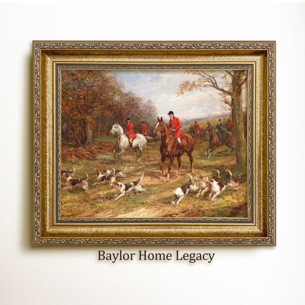 Framed Fox Hunting Oil Painting Canvas Print, Classic Equestrian Realistic Wall Art, Elegant Vintage Huntsman and Hounds Landscape Picture