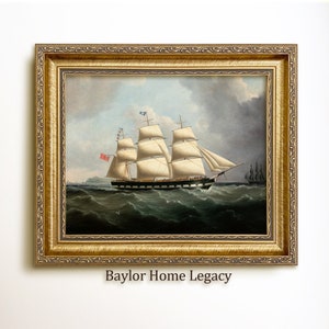 Framed Ship Oil Painting Print on Canvas, Sailing Ship Canvas Art Print of Antique Painting, Nautical Fine Art Print on Canvas