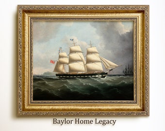 Framed Ship Oil Painting Print on Canvas, Sailing Ship Canvas Art Print of Antique Painting, Nautical Fine Art Print on Canvas