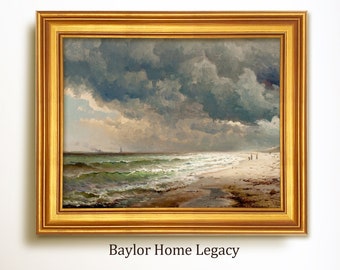 Framed Coastal Scene Oil Painting Print on Canvas, Vintage Seascape Print, Beach and Ocean Giclée Wall Art