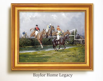 Framed Steeplechase Oil Painting Canvas Print, Framed Horse Eventing Race Art Print, Vintage Horse Water Jumping Artwork