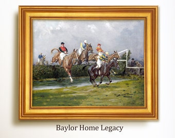 Framed Steeplechase Oil Painting Canvas Print, Framed Horse Eventing Race Art Print, Vintage Horse Water Jumping Artwork